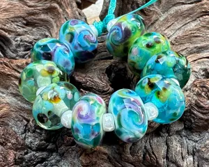 10 Green Blue Mosaics Lampwork Beads Set SRA