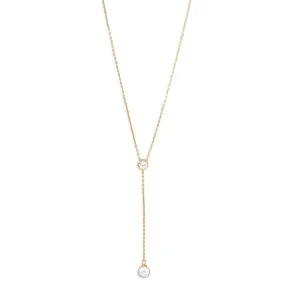 14 Karat Gold Plated Necklace with CZ and Imitation Pearl Drop