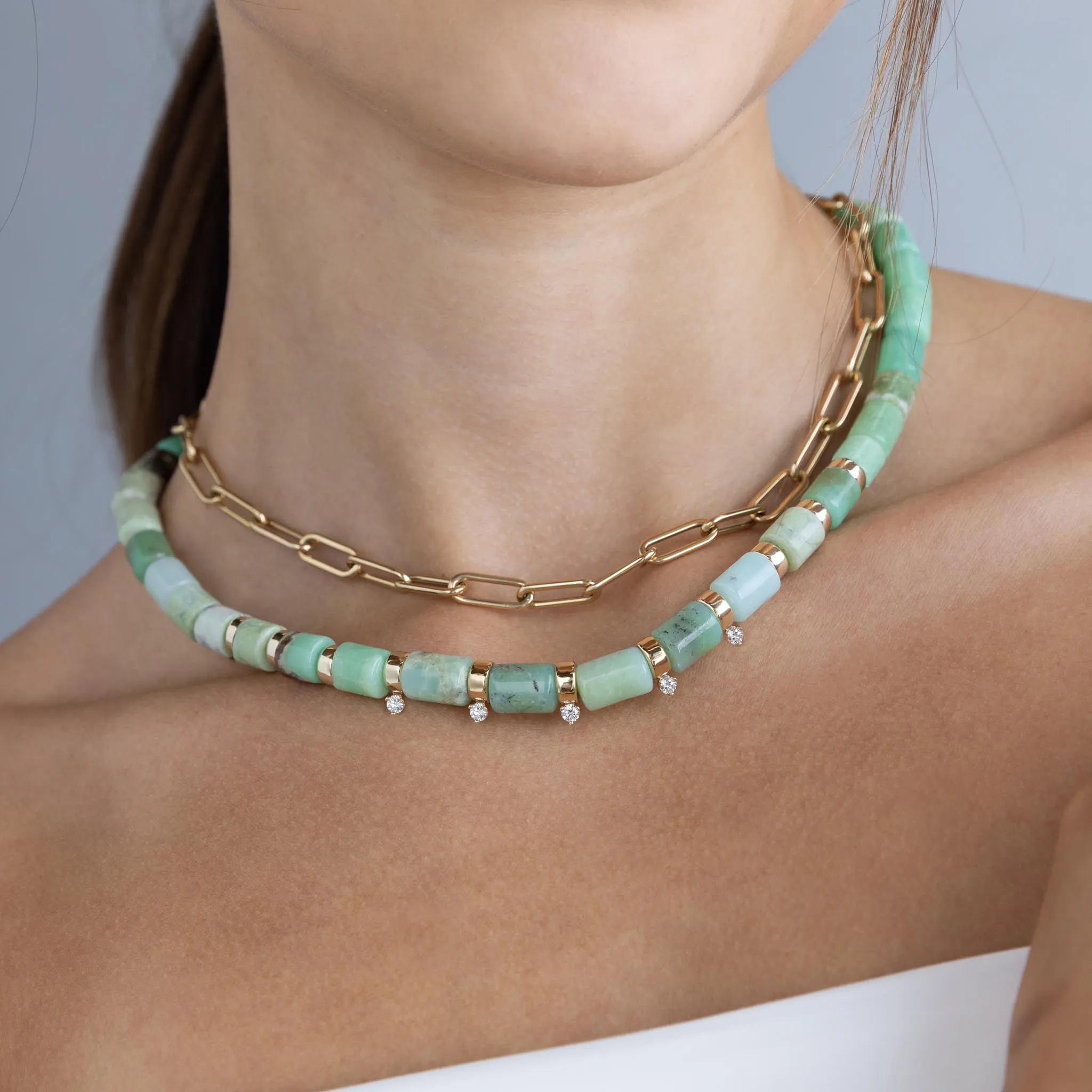 14k Gold & Chrysoprase Tube Bead Necklace with 5 Prong Diamonds