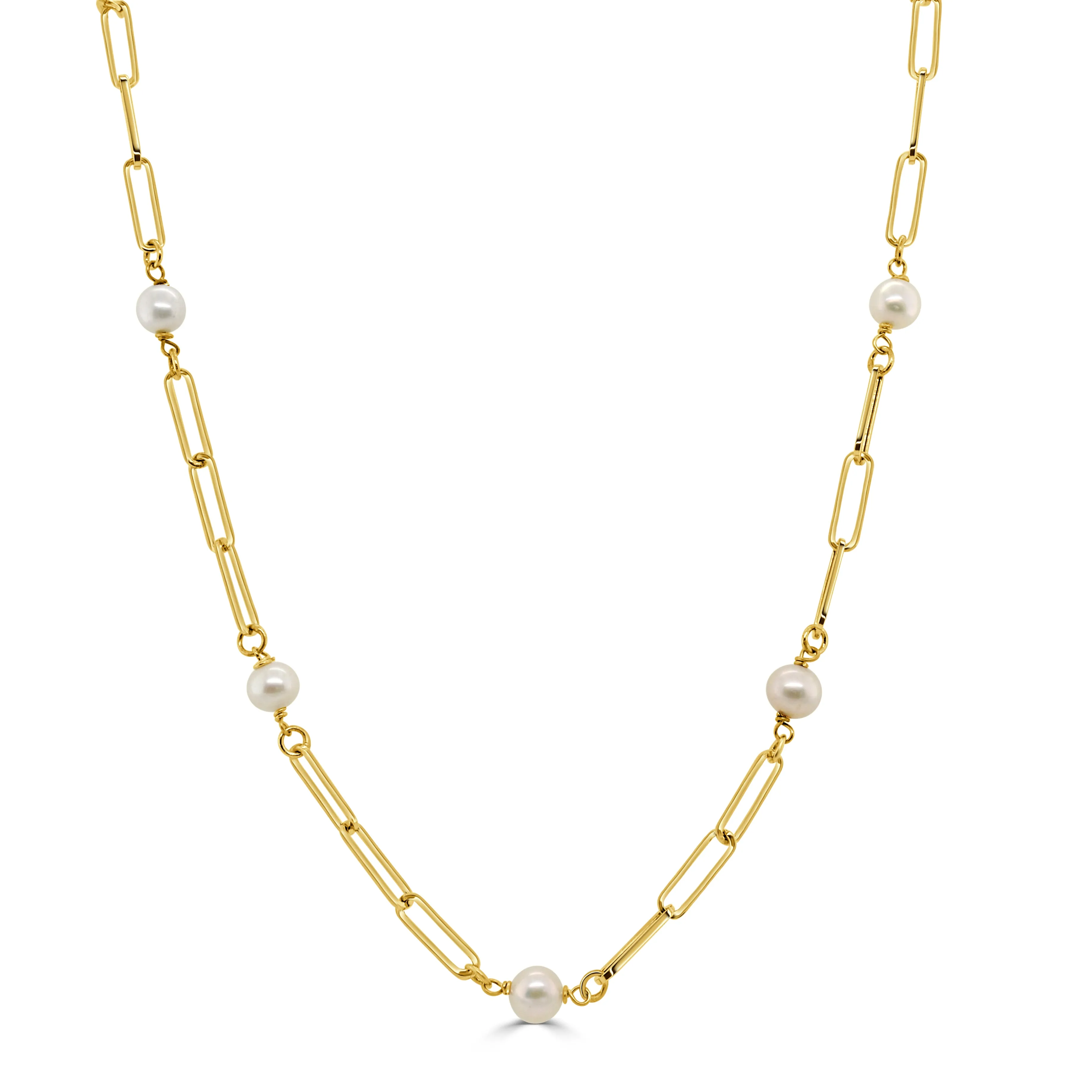 14K Gold & Pearl Station Paperclip Link Necklace