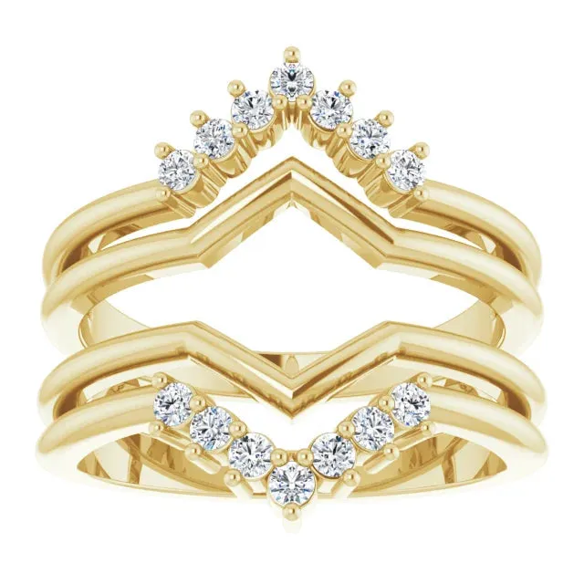 14K Gold Chevron Shape Double Diamond Ring Guard Wedding Band