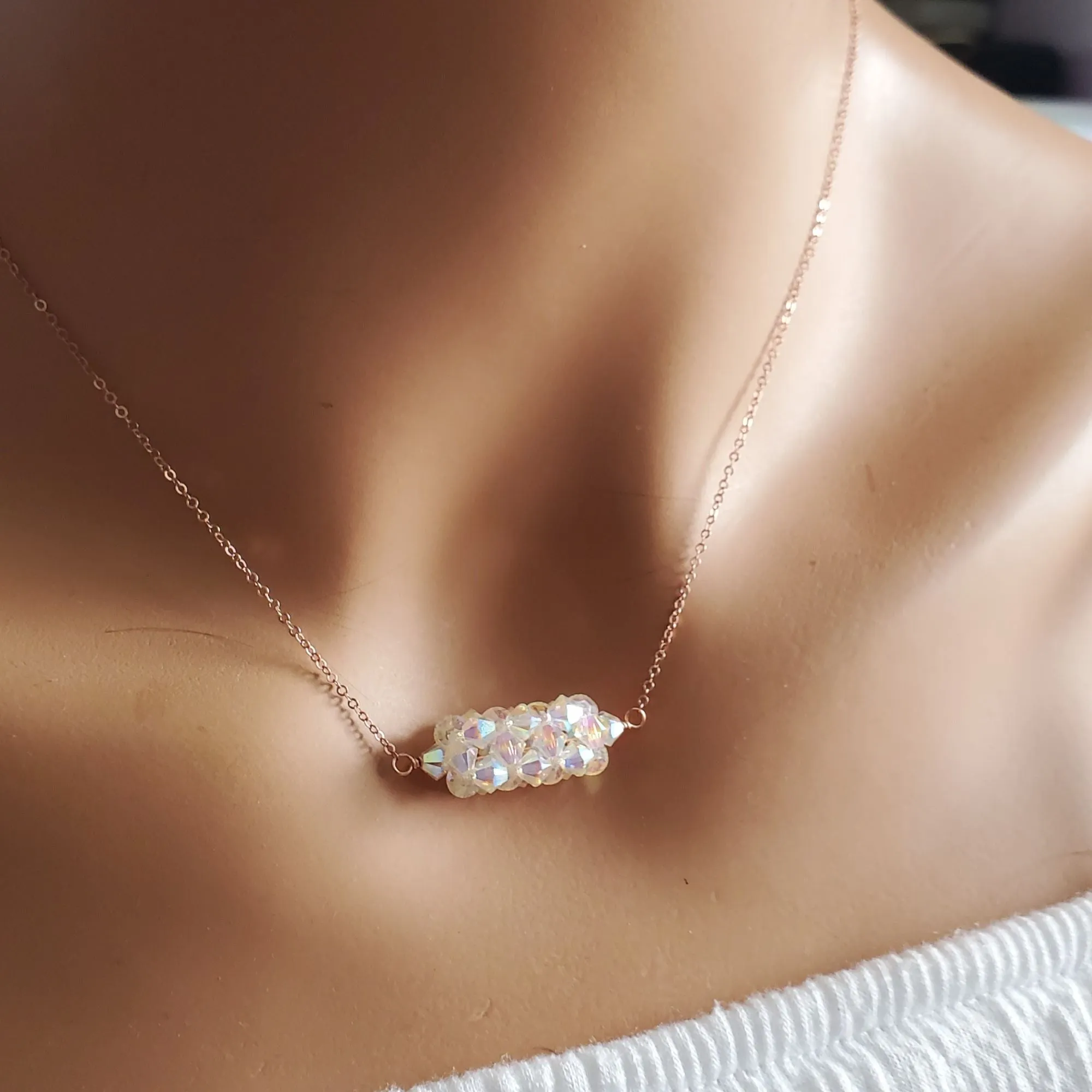 14K Rose Gold Swarovski Crystal Barrel Necklace Handmade- Super Sparkly