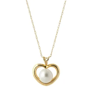 14K Solid Yellow Gold Heart Necklace w/ Natural Pearl