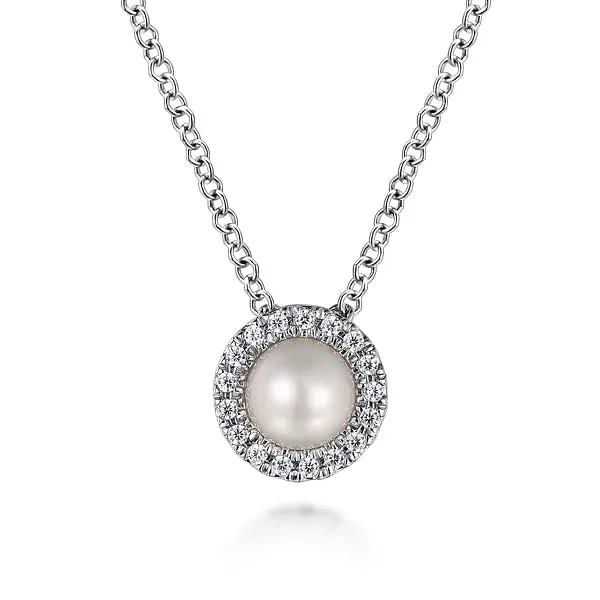 14K White Gold Cultured Freshwater Pearl and Diamond Necklace