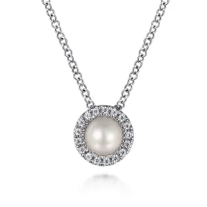 14K White Gold Cultured Freshwater Pearl and Diamond Necklace