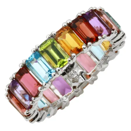 14K White Gold Multi-Sapphire Emerald Cut Eternity Ring (Large)