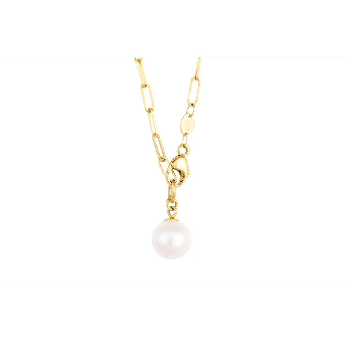 14K Yellow Gold Paperclip Chain Necklace with Single Cultured Freshwater Pearl