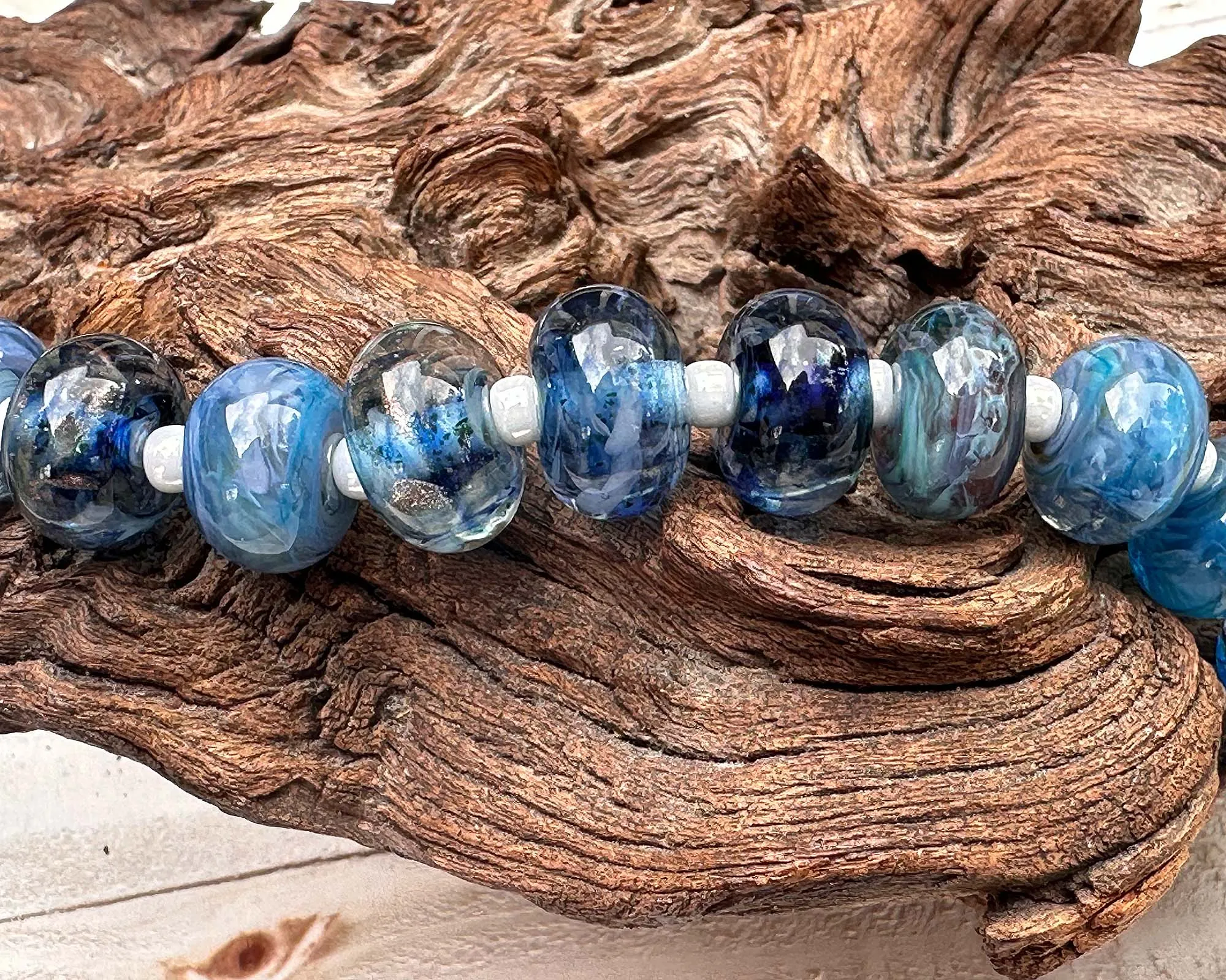 17 Steel Blue Lampwork Beads Set SRA