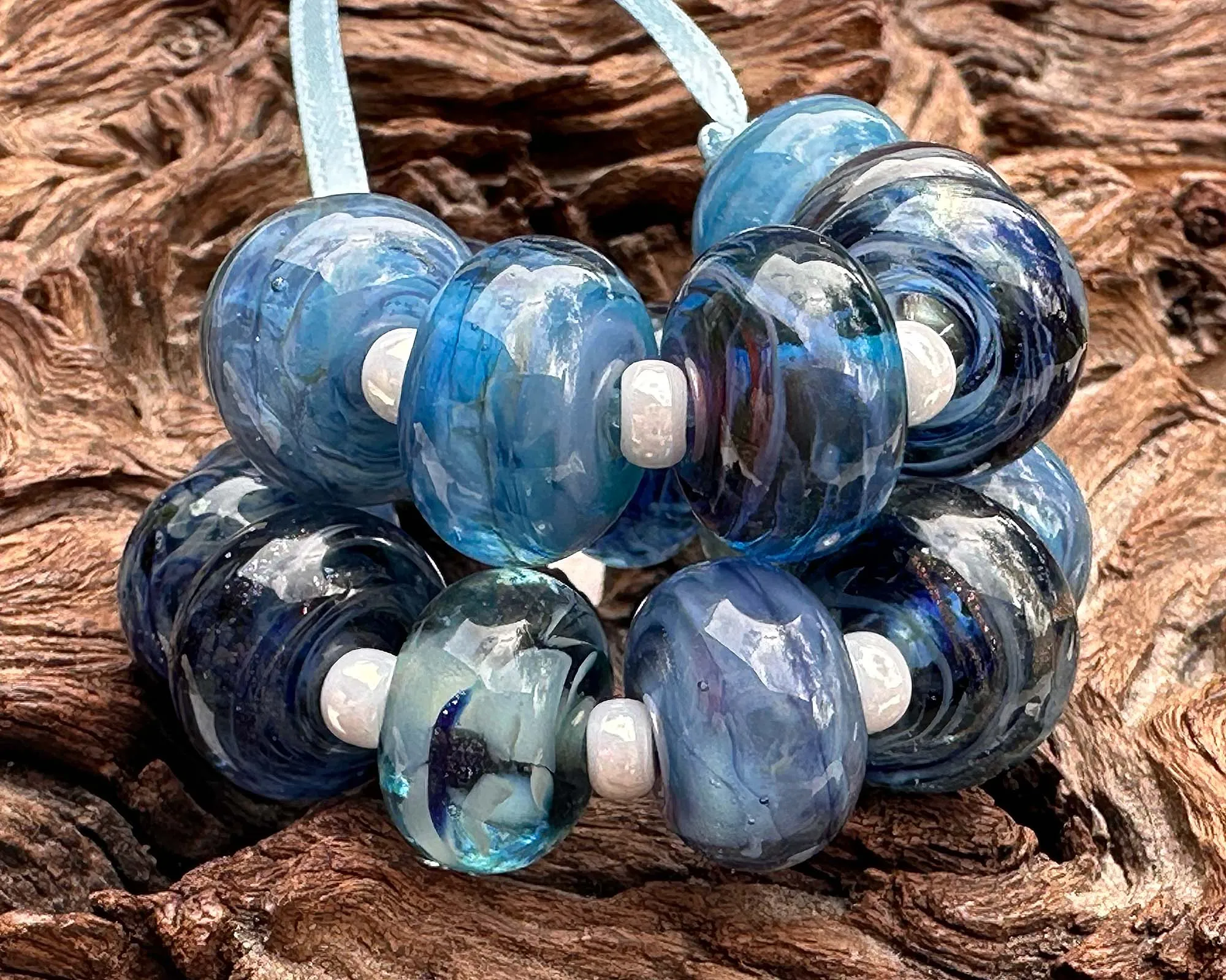 17 Steel Blue Lampwork Beads Set SRA