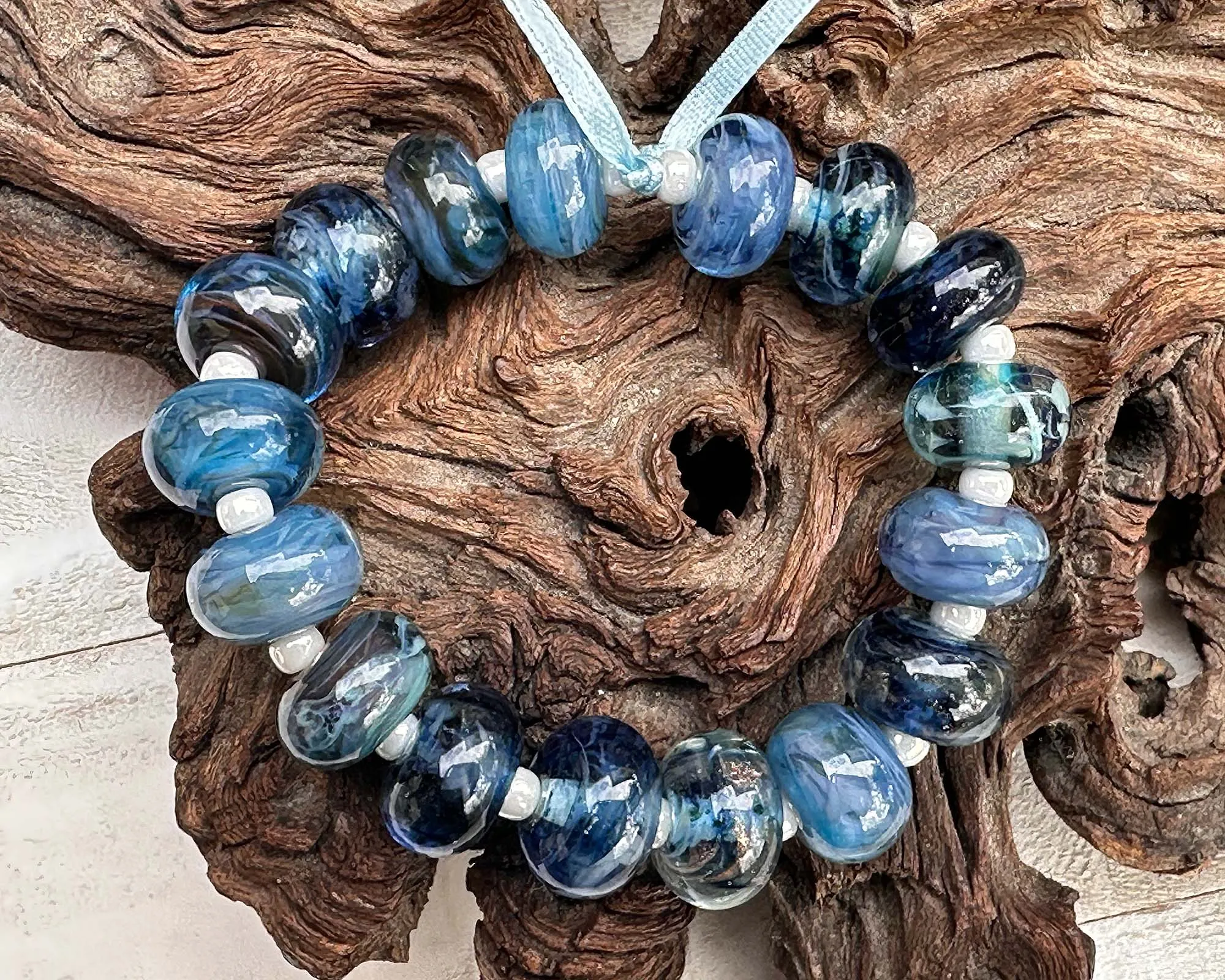 17 Steel Blue Lampwork Beads Set SRA