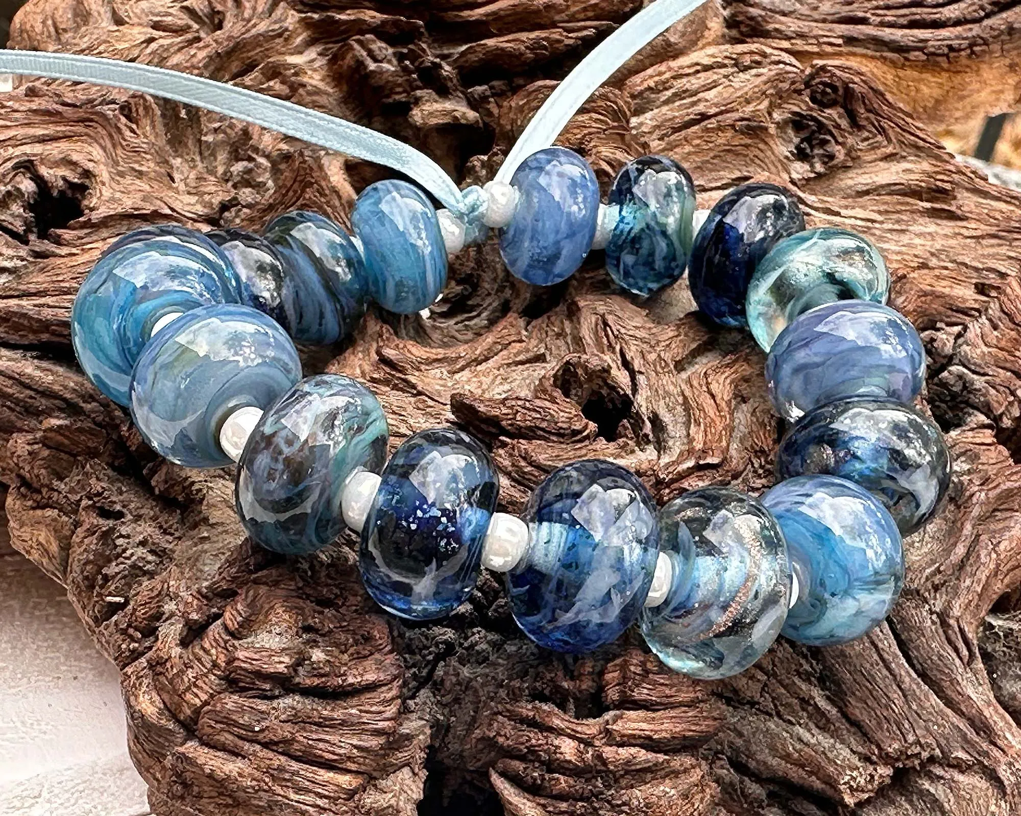 17 Steel Blue Lampwork Beads Set SRA