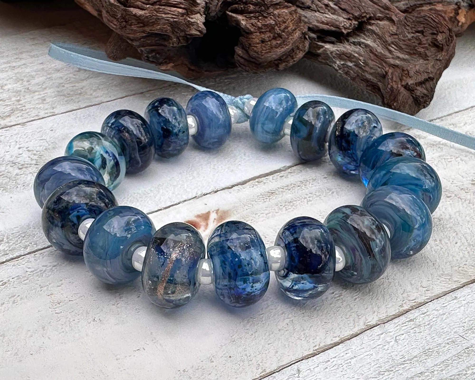 17 Steel Blue Lampwork Beads Set SRA