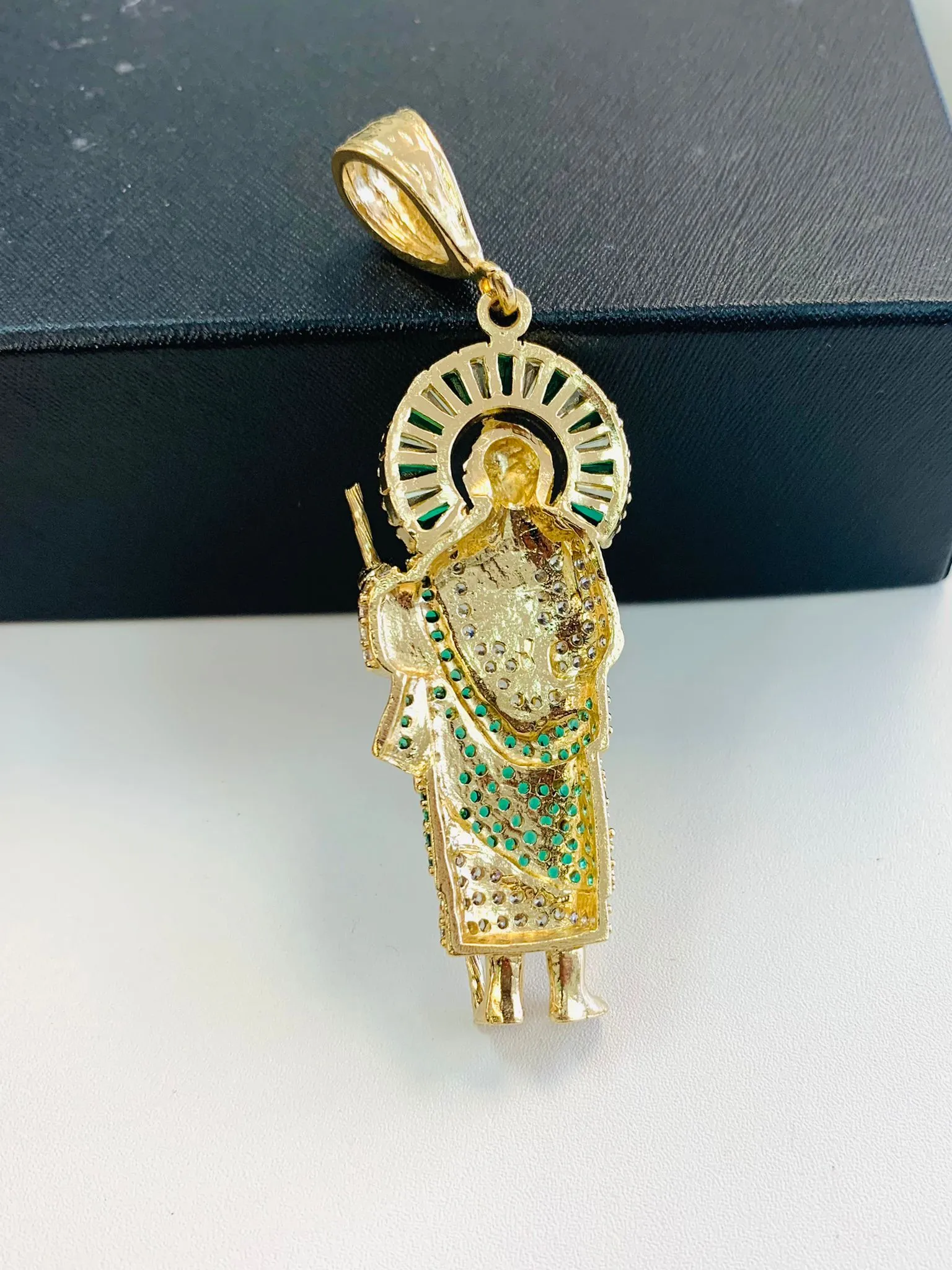 18K Gold Filled San Judas Pendant 2.3x1” 15g / Saint Jude Pendant with Green and Diamond Stones / Dije Medalla de San Judas en Oro Laminado