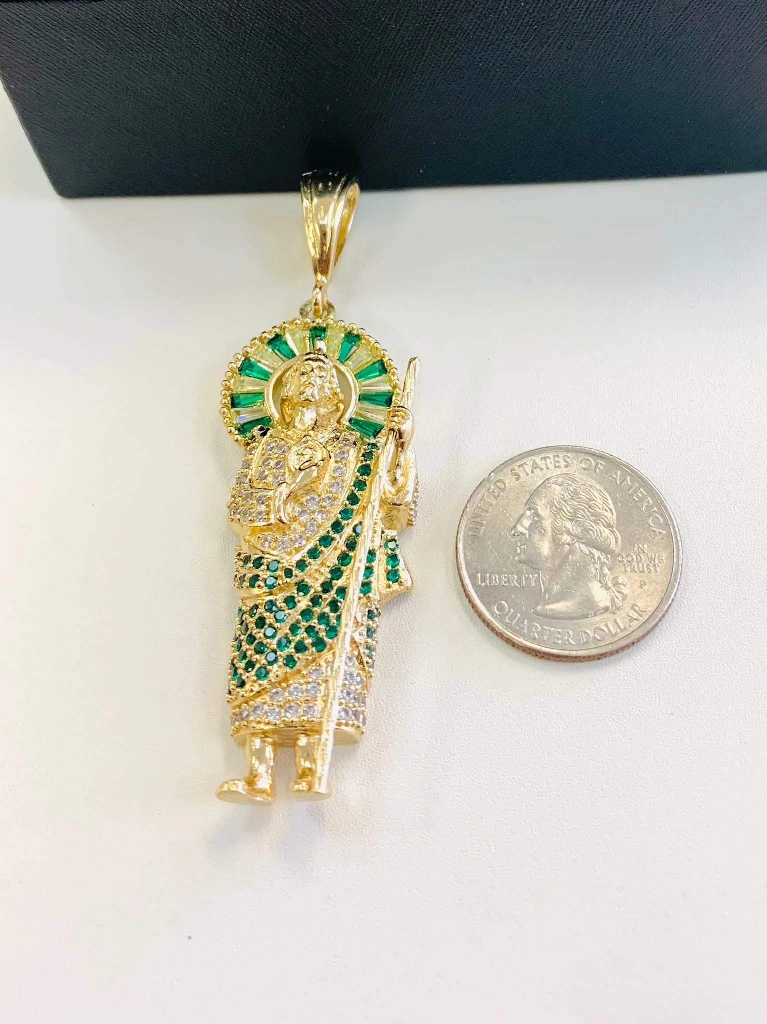 18K Gold Filled San Judas Pendant 2.3x1” 15g / Saint Jude Pendant with Green and Diamond Stones / Dije Medalla de San Judas en Oro Laminado