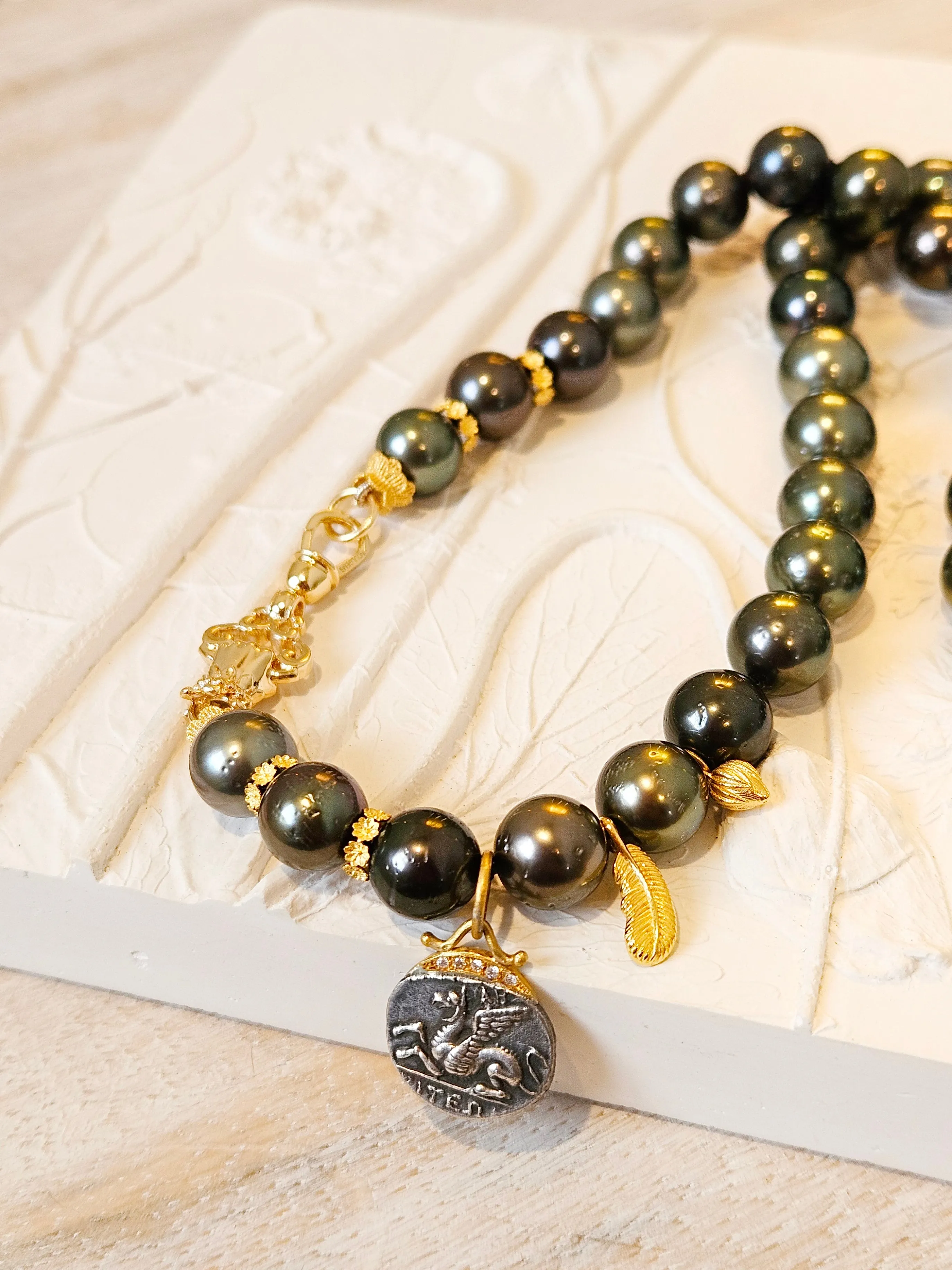 18k Solid Gold Tahitian Pearl Necklace with 3 Charms Oxidized Sterling Silver Coin in 24k Gold