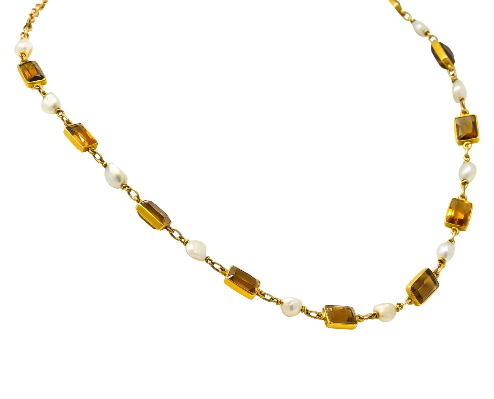 1905 Art Nouveau Citrine Pearl 14 Karat Gold Link Necklace