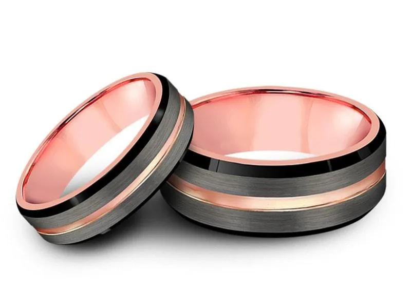 6MM/8MM BRUSHED GRAY Tungsten Wedding Band Set BLACK EDGES AND ROSE GOLD INTERIOR