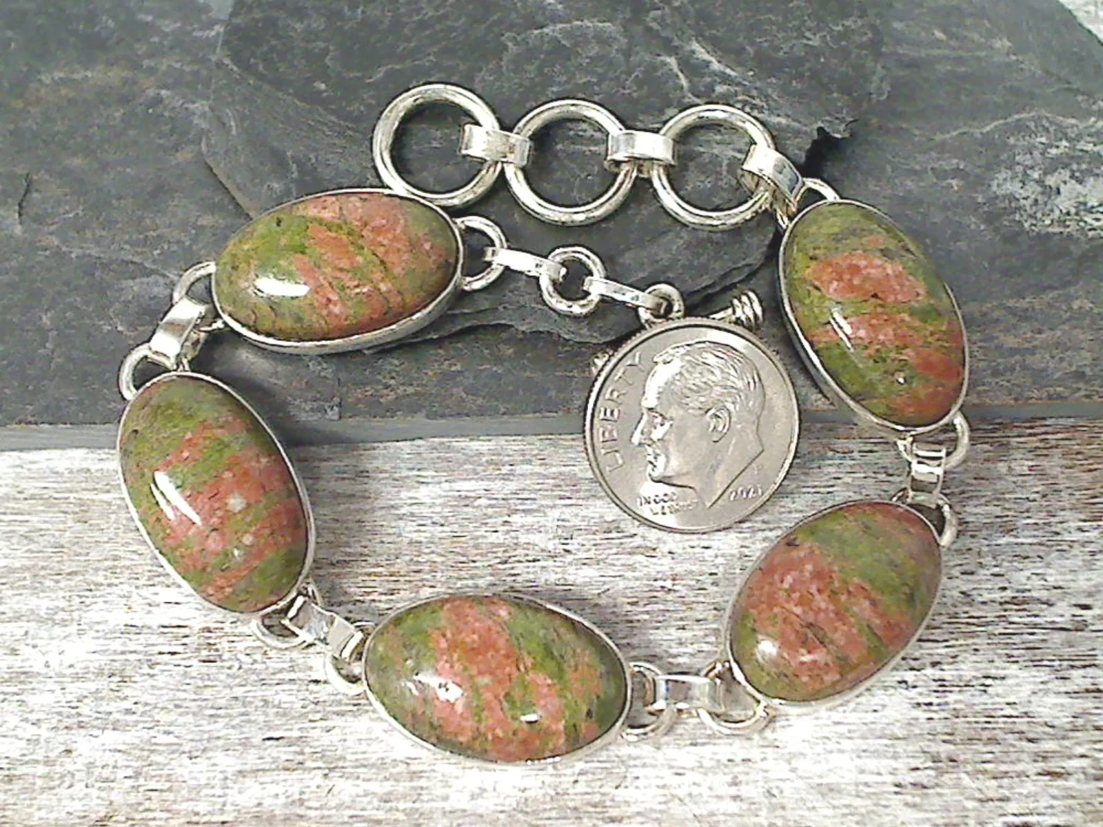 7" - 8" Unakite, Sterling Silver Bracelet