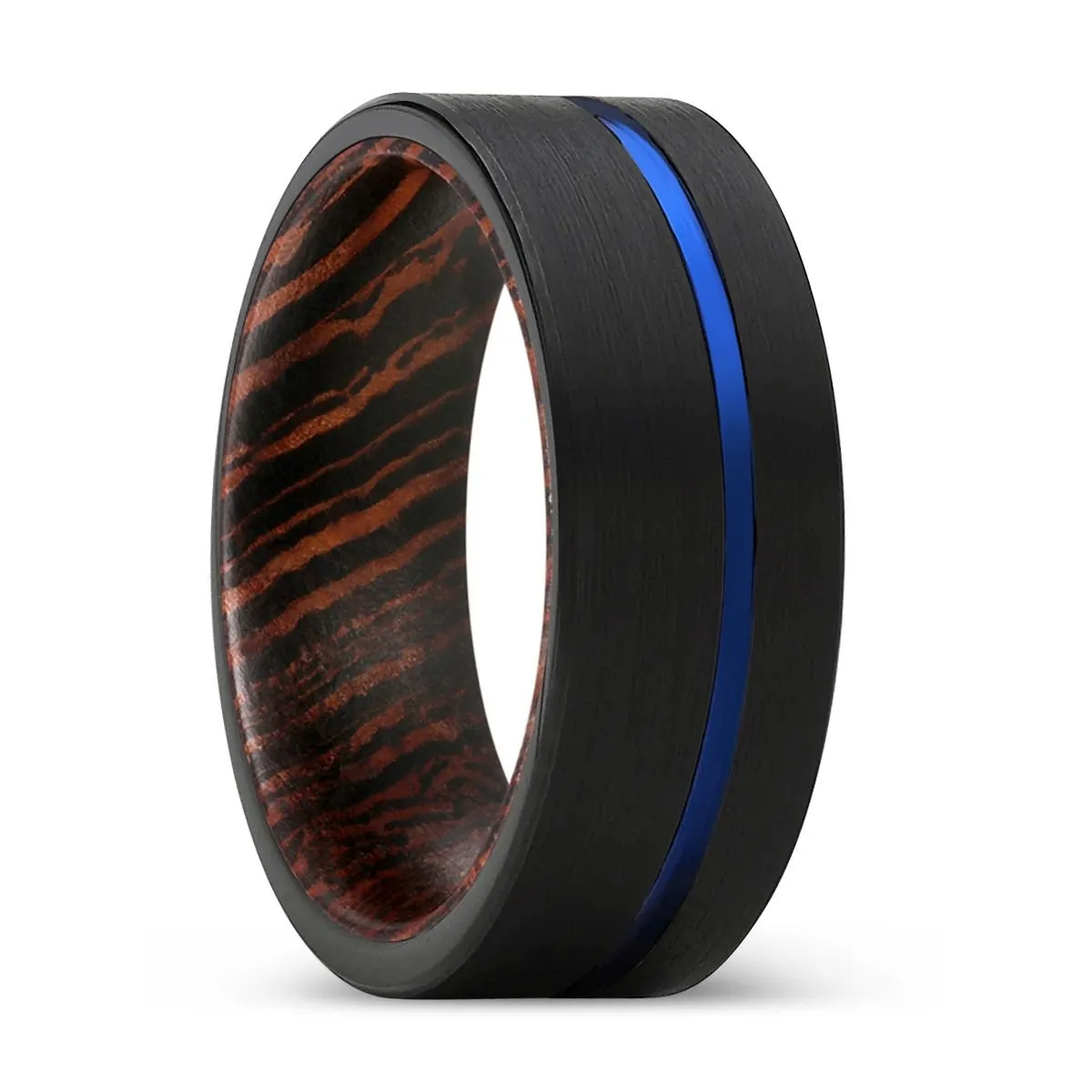 ALCEO | Wenge Wood, Black Tungsten Ring, Blue Offset Groove, Flat