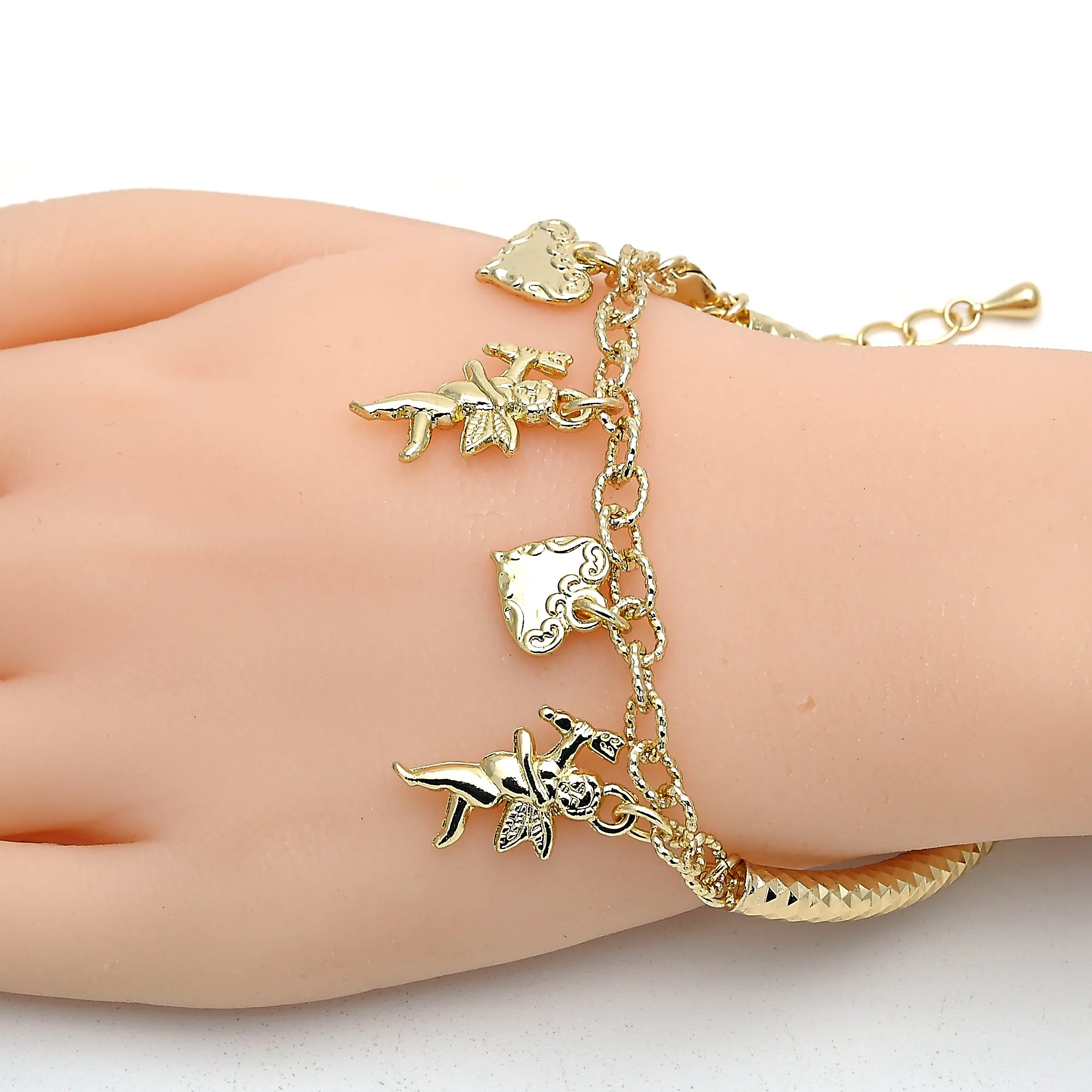 Angel and Heart Charm Bracelet 18k Gold Filled High Polish Finsh