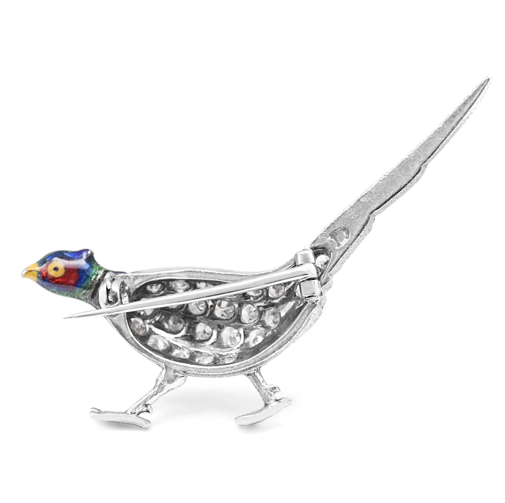 Antique Diamond Set Pheasant Brooch, Enamel Head