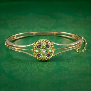 Antique Edwardian Suffragette Flower Bangle 15ct Gold Circa 1910