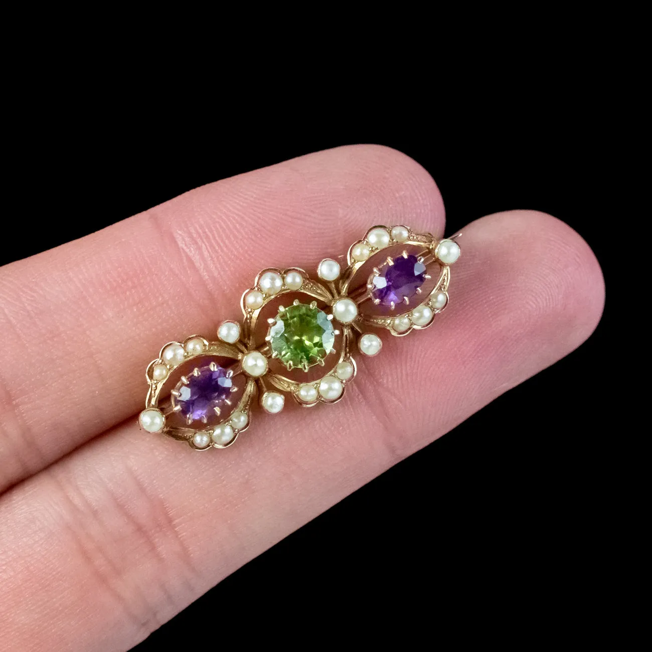 Antique Edwardian Suffragette Pearl Amethyst Peridot Brooch 15ct Gold