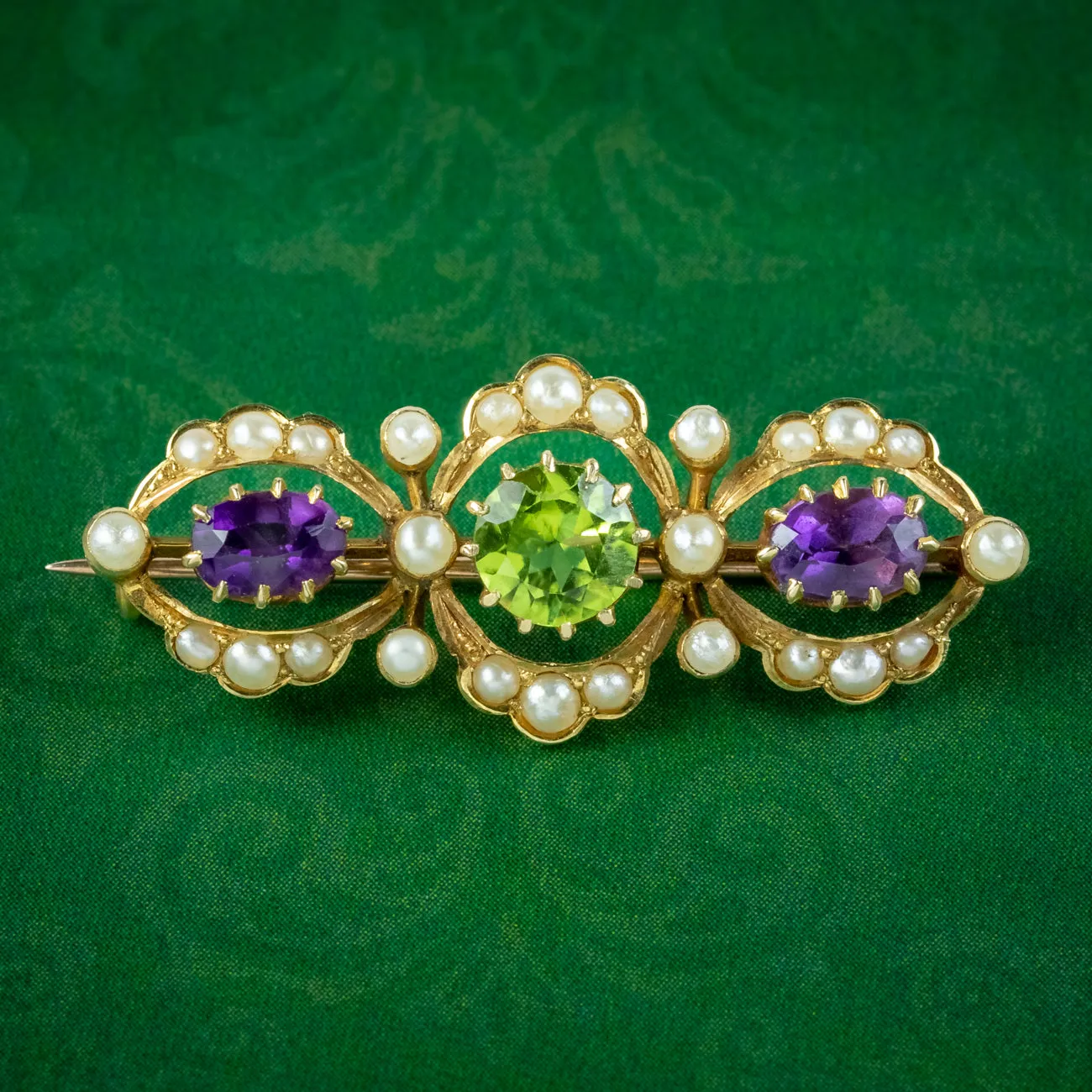 Antique Edwardian Suffragette Pearl Amethyst Peridot Brooch 15ct Gold