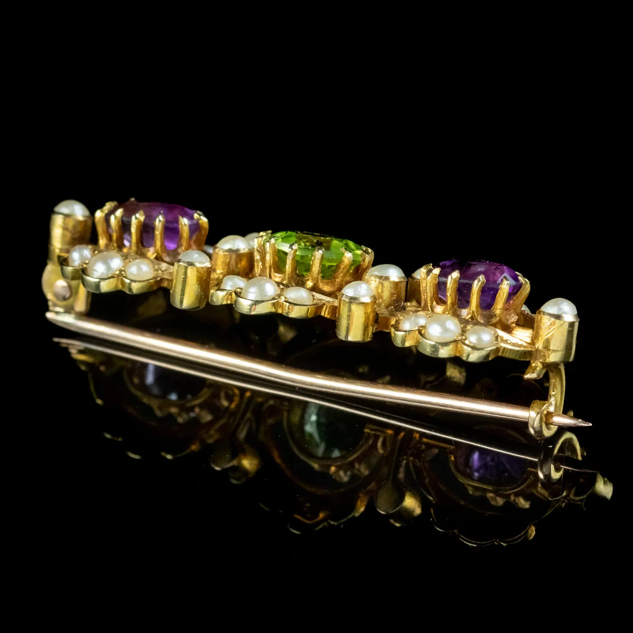 Antique Edwardian Suffragette Pearl Amethyst Peridot Brooch 15ct Gold