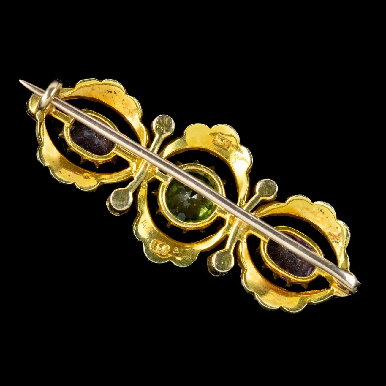 Antique Edwardian Suffragette Pearl Amethyst Peridot Brooch 15ct Gold