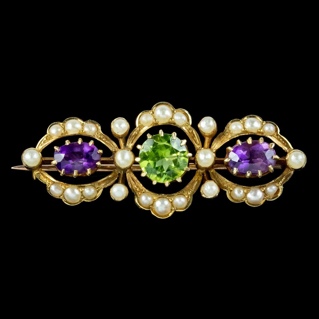 Antique Edwardian Suffragette Pearl Amethyst Peridot Brooch 15ct Gold