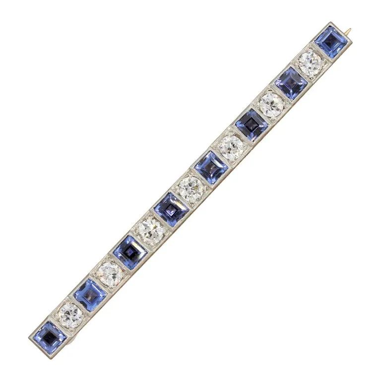 Art Deco Sapphire Diamond Platinum Gold Bar-Pin Brooch