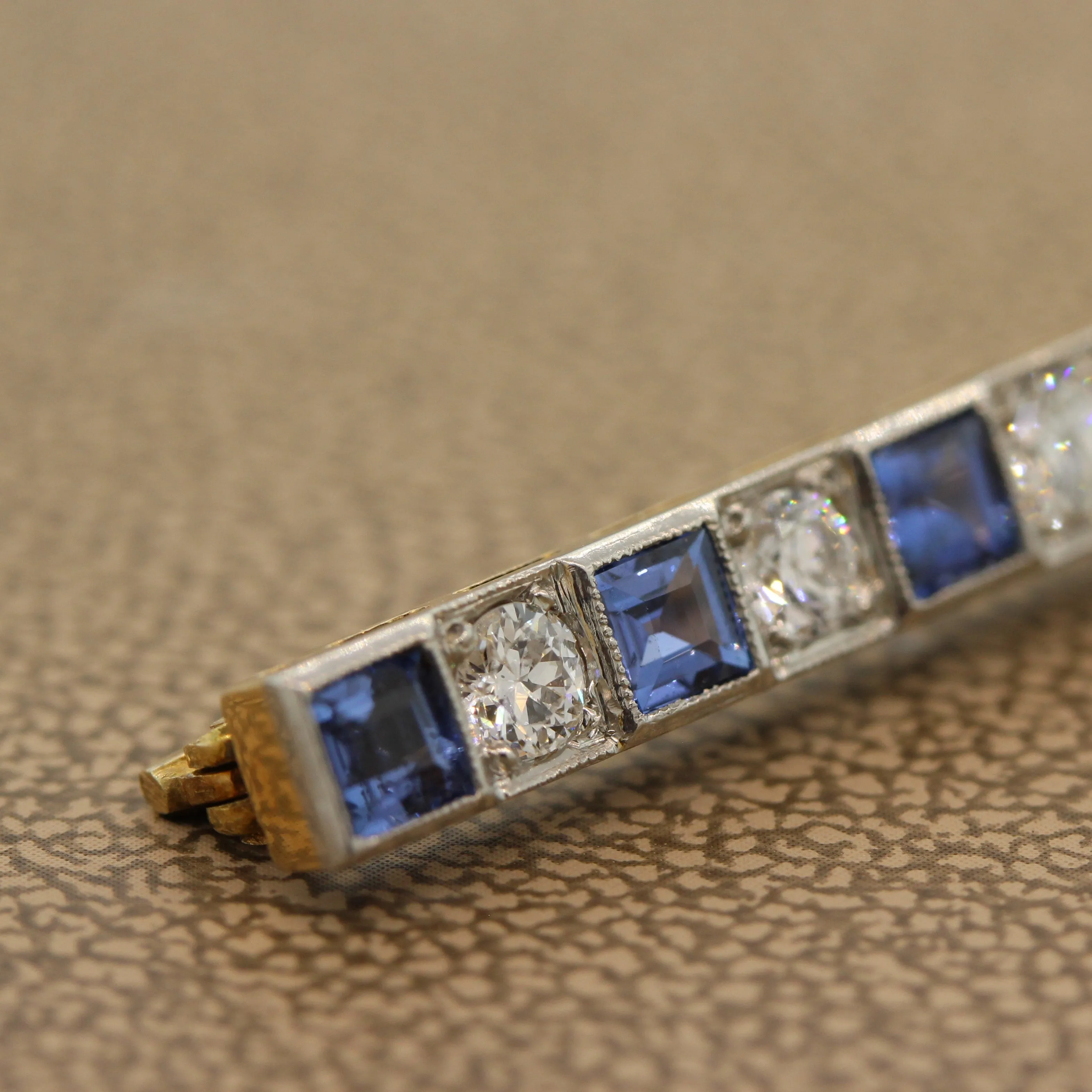 Art Deco Sapphire Diamond Platinum Gold Bar-Pin Brooch