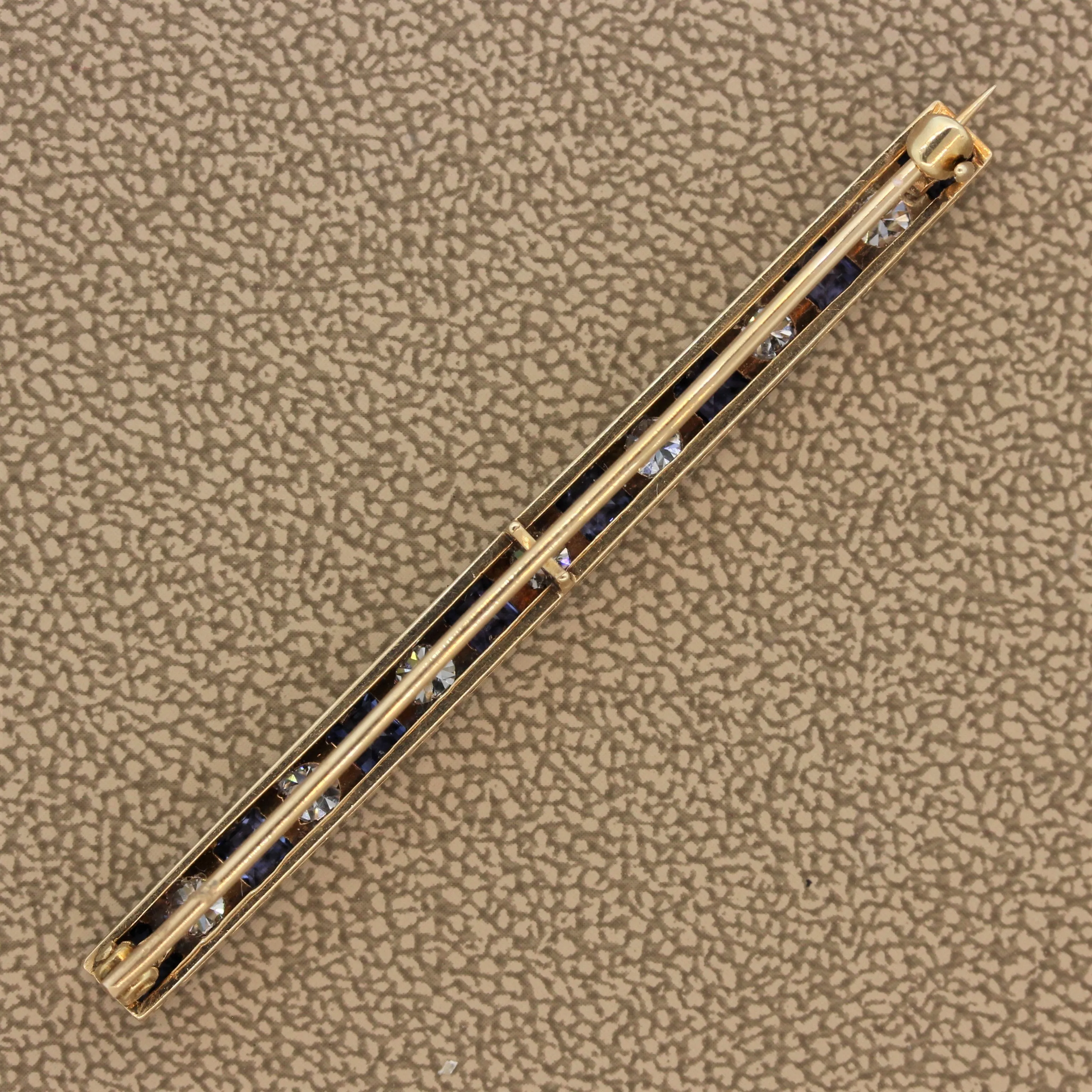 Art Deco Sapphire Diamond Platinum Gold Bar-Pin Brooch