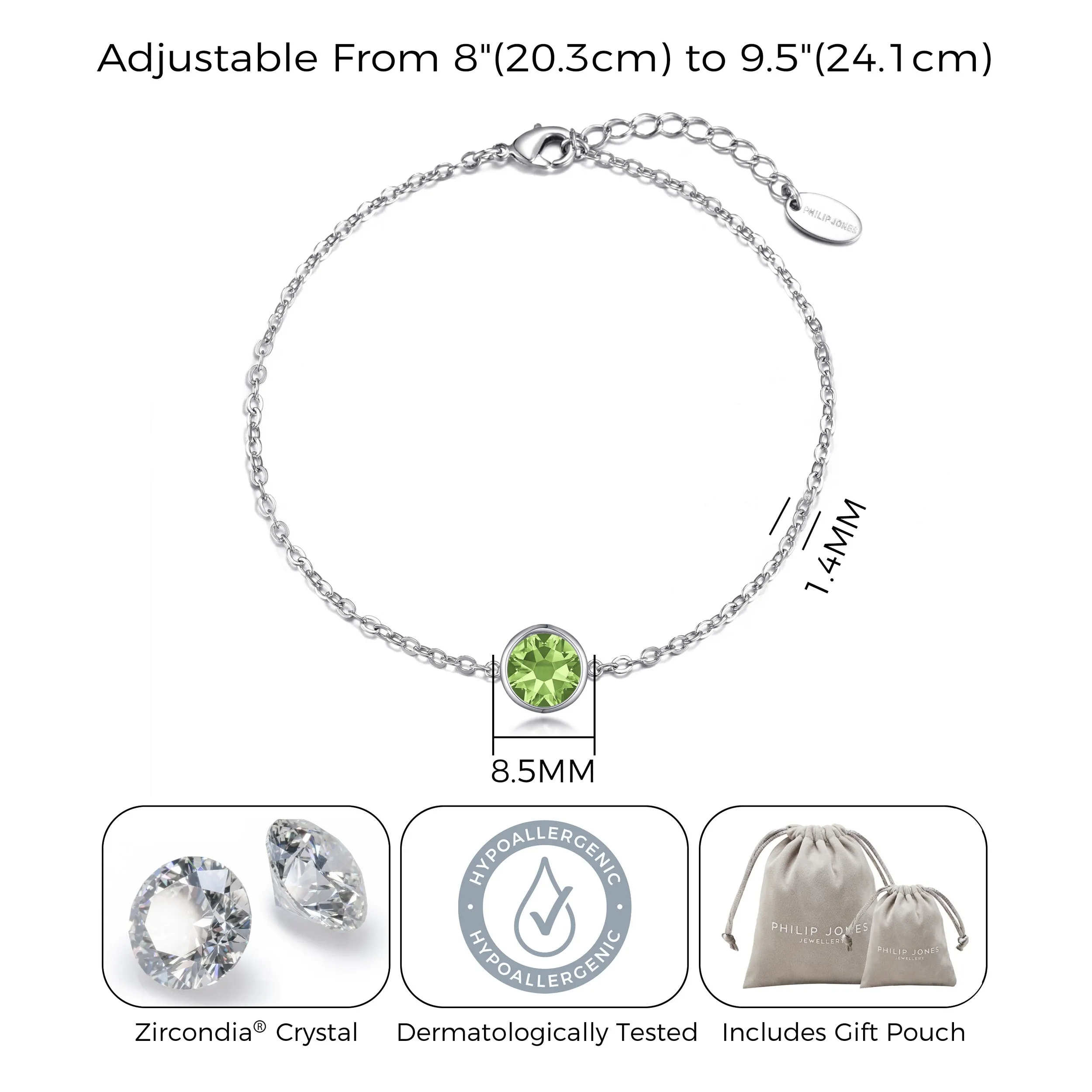 August (Peridot) Birthstone Anklet Created with Zircondia® Crystals