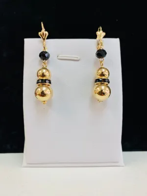 Black Gold Dangle Ball Lever Back Earrings / 14K Gold Filled Earrings / Womens Dangle Earrings / Black Stones Earrings / Aretes para Mujer Colgantes