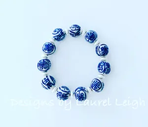 Blue & White Chinoiserie Longevity Bracelet - Silver