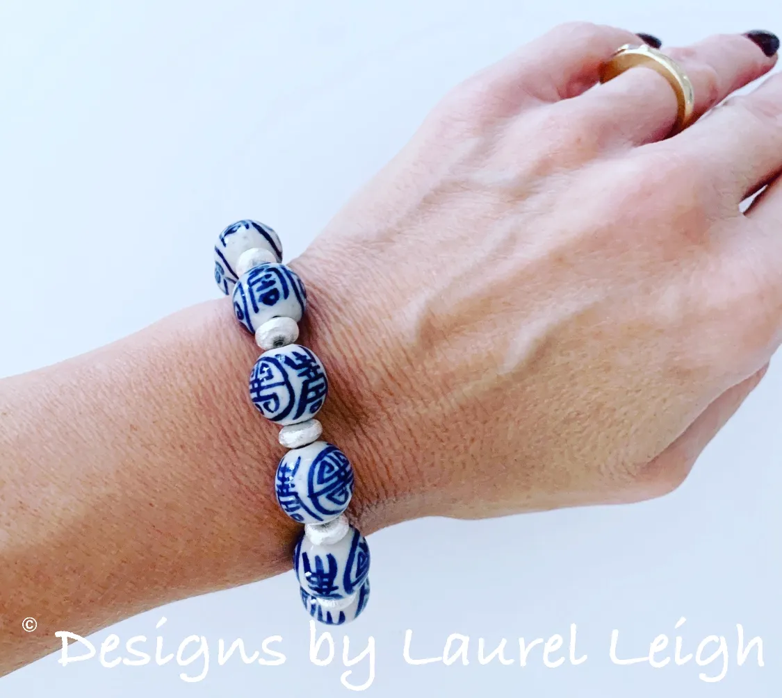 Blue & White Chinoiserie Longevity Bracelet - Silver