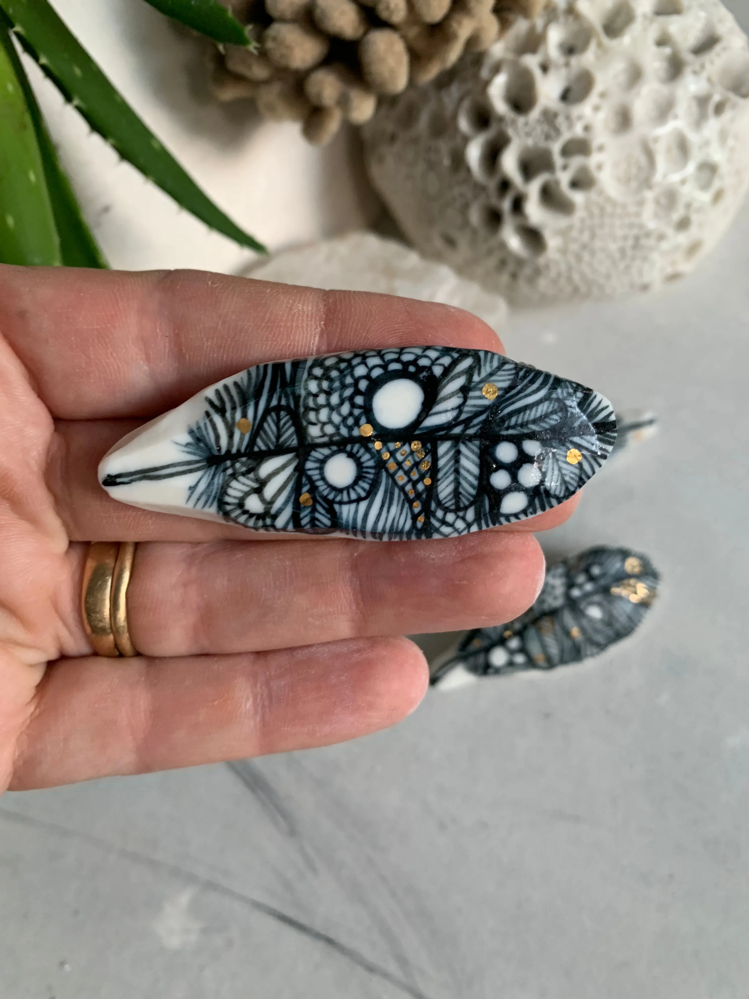 Blue and white hand painted ‘feather’ brooch, choose one