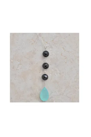 Blue Chalcedony, Black Spinel Gemstone Long Silver Pendant