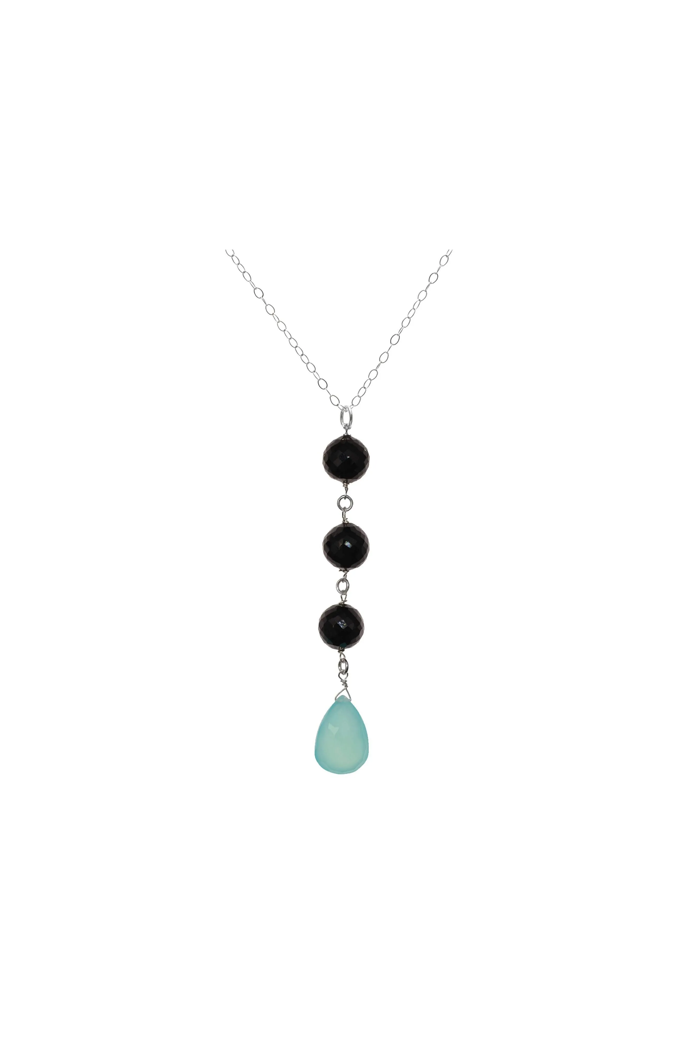 Blue Chalcedony, Black Spinel Gemstone Long Silver Pendant