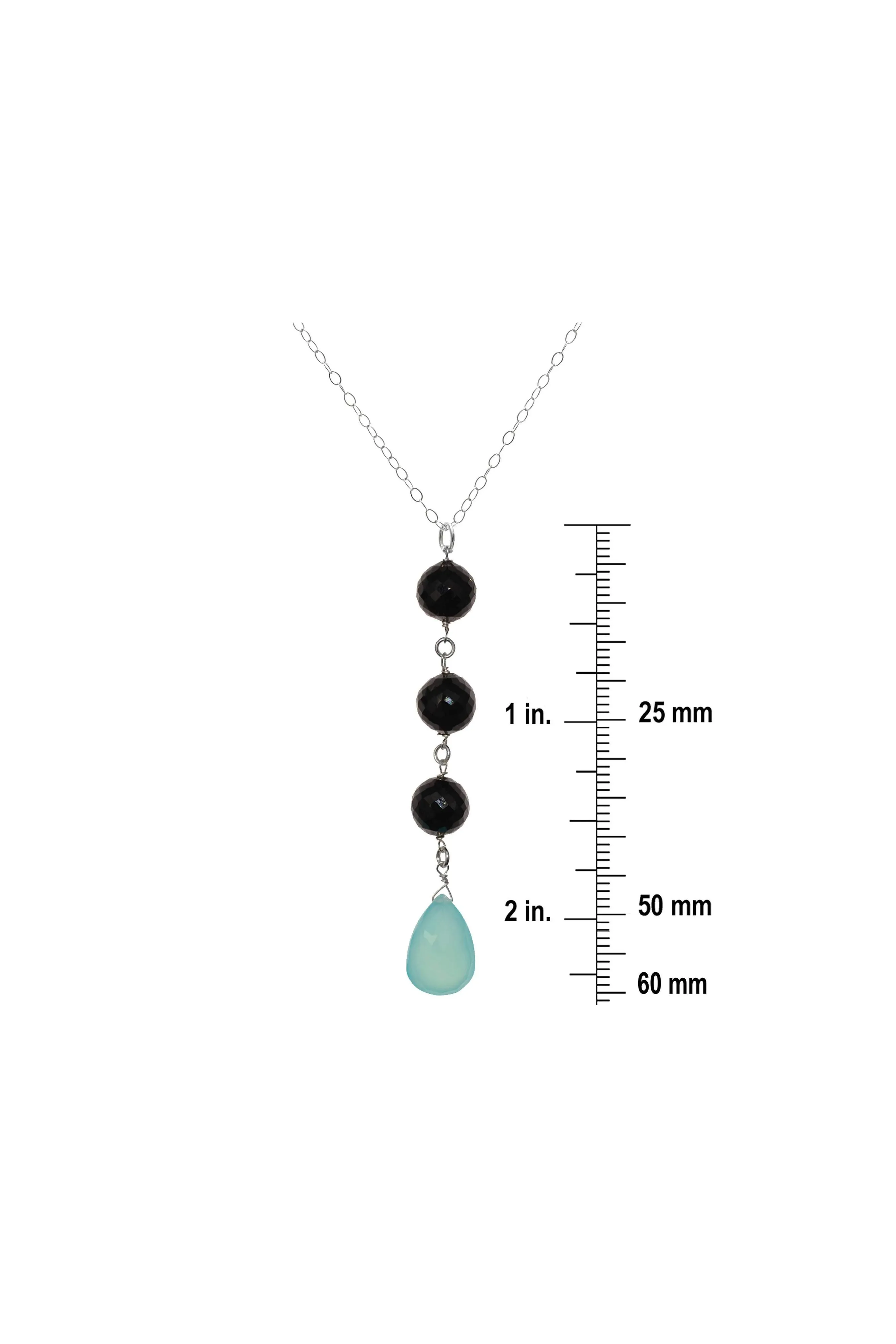 Blue Chalcedony, Black Spinel Gemstone Long Silver Pendant