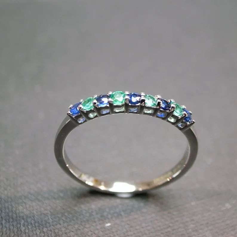 Blue Sapphire and Emerald Ring in White Gold