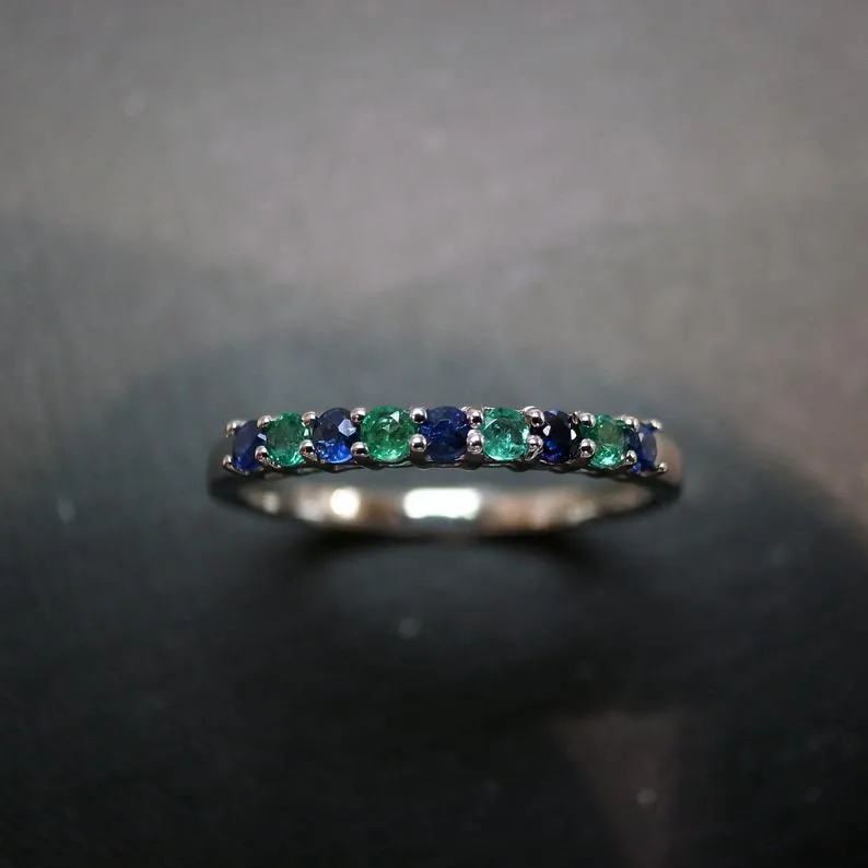 Blue Sapphire and Emerald Ring in White Gold