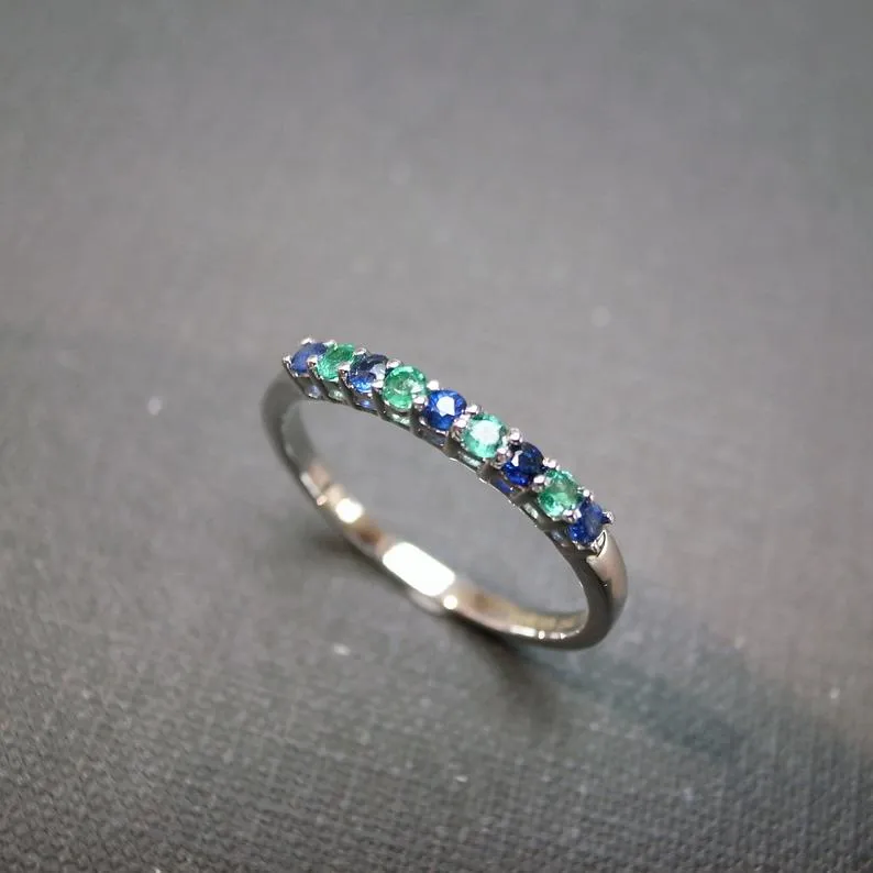 Blue Sapphire and Emerald Ring in White Gold