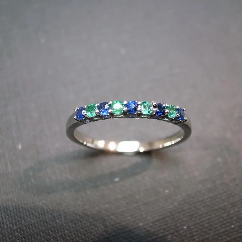 Blue Sapphire and Emerald Ring in White Gold