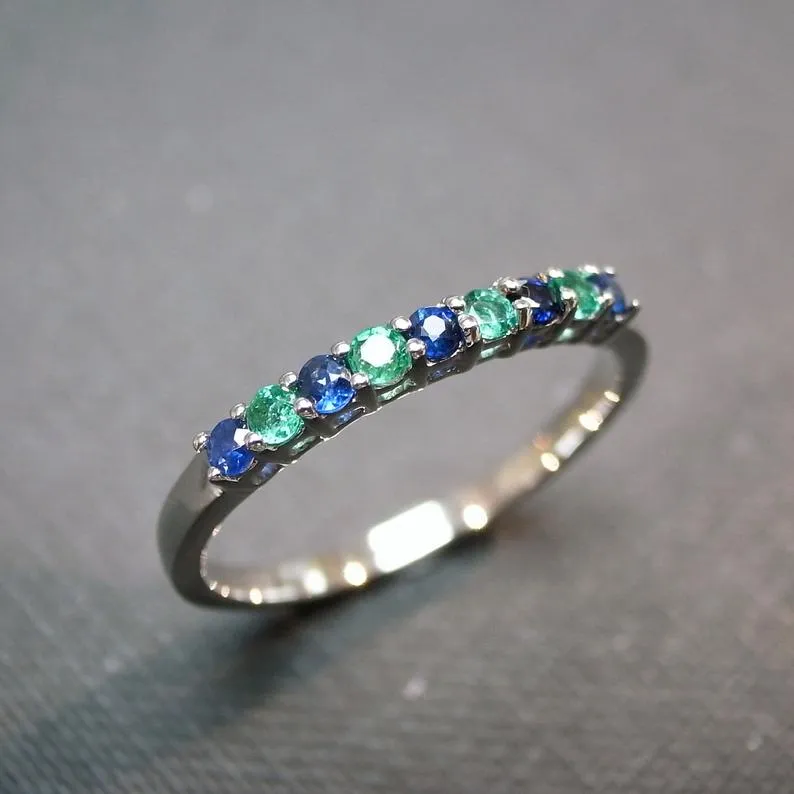 Blue Sapphire and Emerald Ring in White Gold