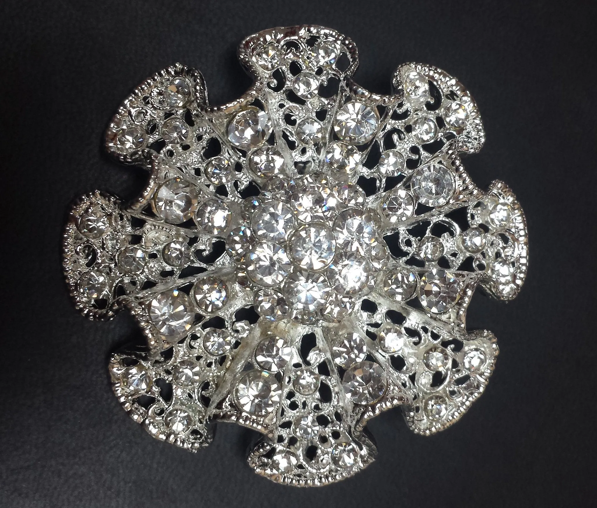 Bow tie Silver Diamond Rhinestone Brooch 2.5"