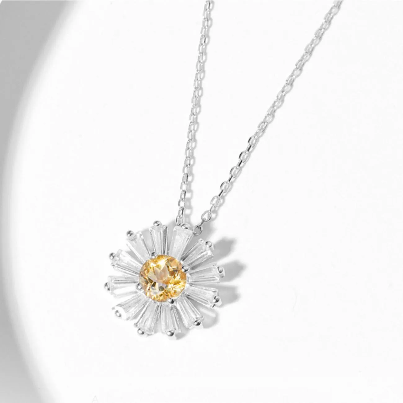 Charm Daisy Shaped Womens Citrine Pendant Sterling Silver Necklace For Women