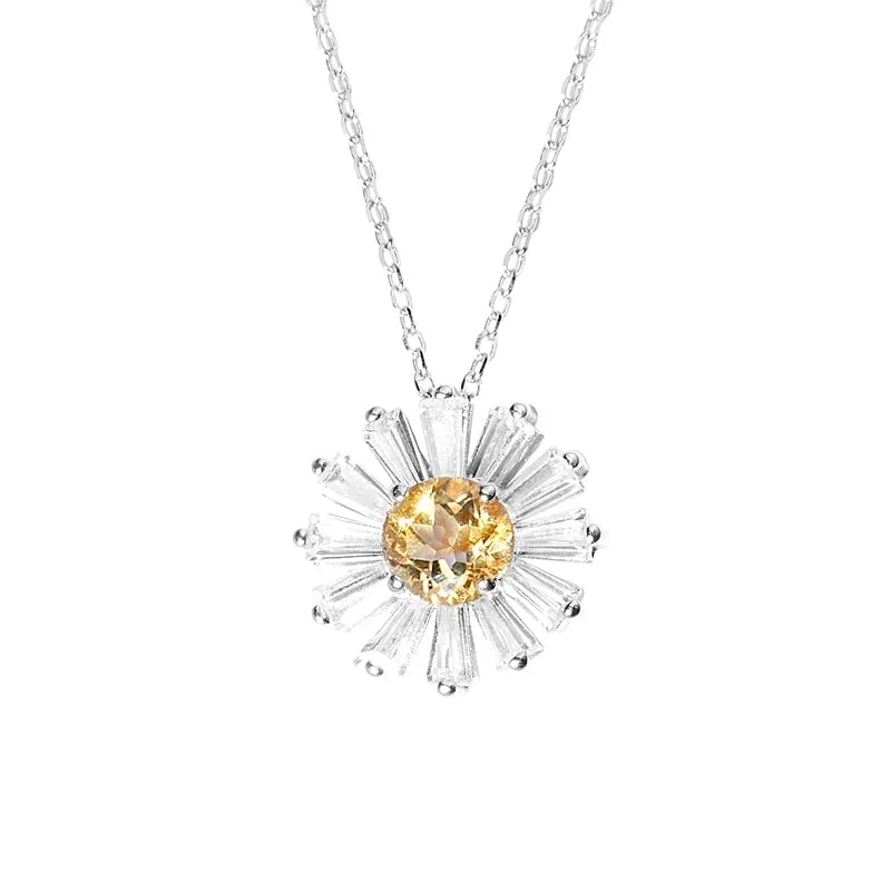 Charm Daisy Shaped Womens Citrine Pendant Sterling Silver Necklace For Women